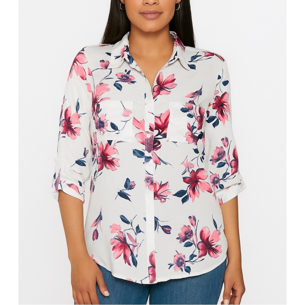 by & by White and Pink Floral Button Down Shirt